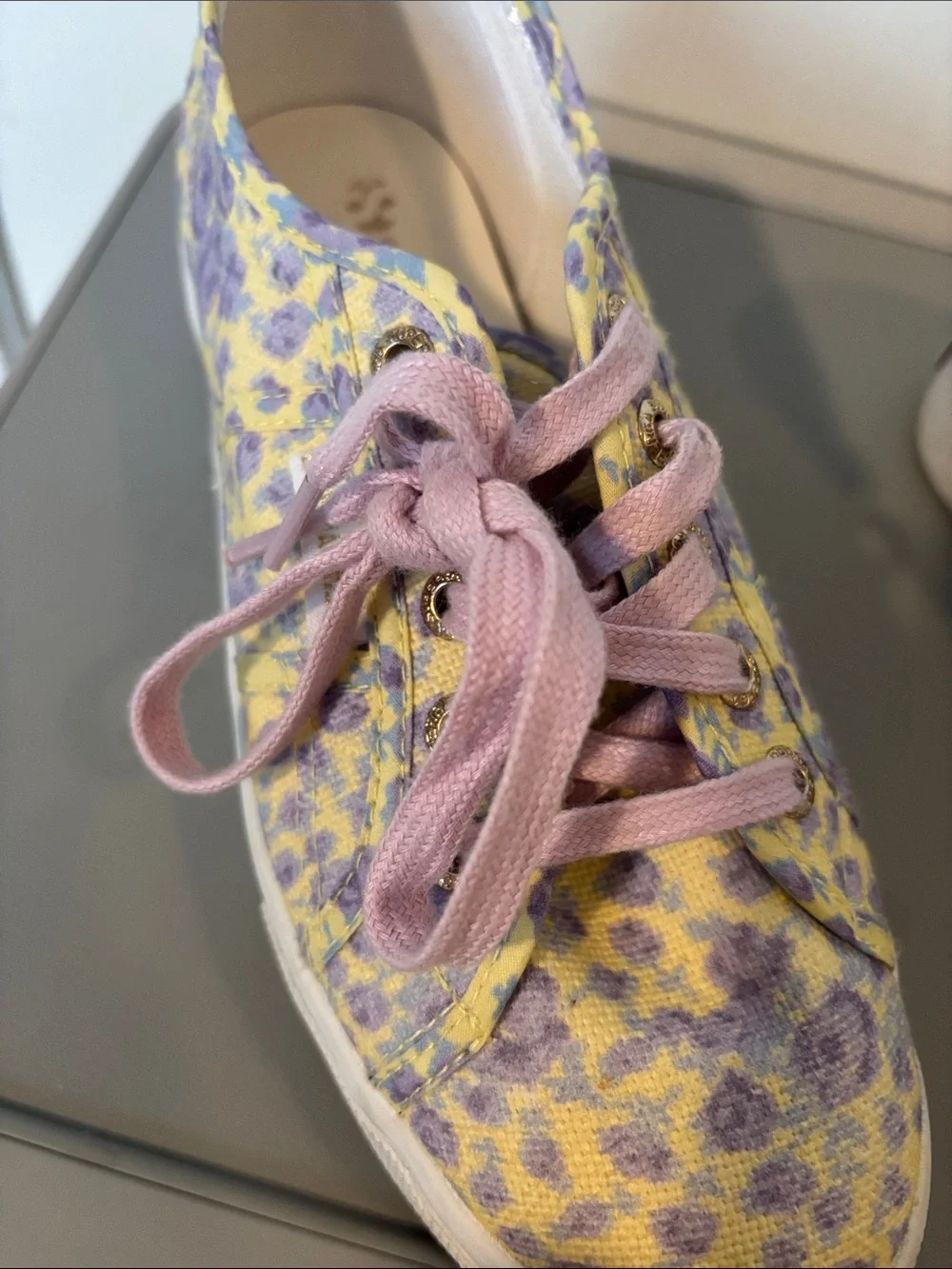 LoveShackFancy Yellow & Lavender Floral Platform Sneakers with Pink Laces